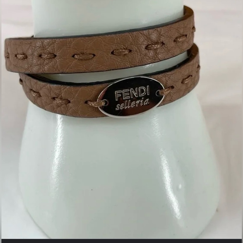 Fendi Brown Oval ID Selleria Double Wrap Leather Bracelet With Case